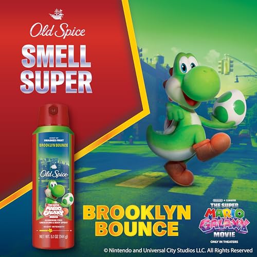 Image of Old Spice Aluminum Free Body Spray for Men, Old Spice x The Super Mario Galaxy Movie, 24 /7 Lasting Freshness, Lasting Odor Protection, Smell Super with Brooklyn Bounce, Smashed Fruit Scent, 5.1 oz