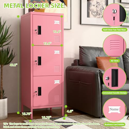 Image of Aobabo Metal Locker, 16 inch W 3 Door Metal Storage Lockers for Employees with Lock and Name Card Holder for School, Home, Office, Playroom, Assembly Required, Pink