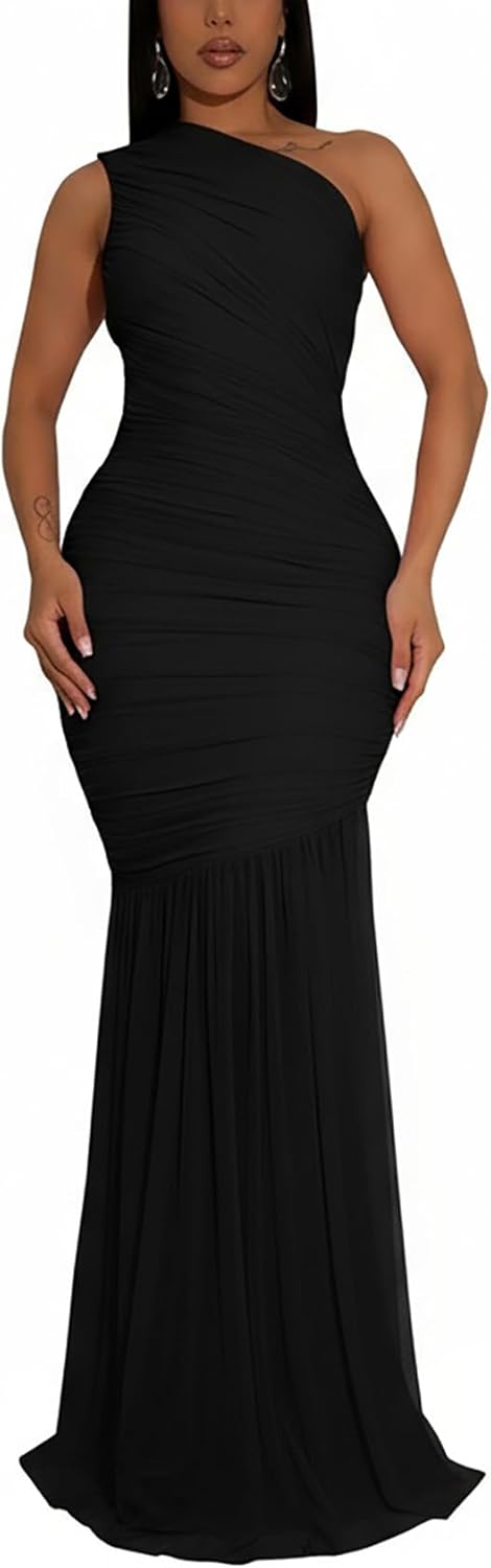 Women's Sexy One Shoulder Sleeves Bodycon Ruched Long Elegant Formal Wedding Guest Evening Dresses