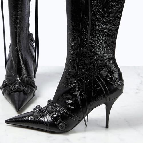 sarawill Women's Pointed Toe Side Zipper Stiletto Heel Knee High Boots Fashion Studded Buckle Strappy Tall Boots Kitten Heel Dressy Long Boots for Women Size 5.5-124