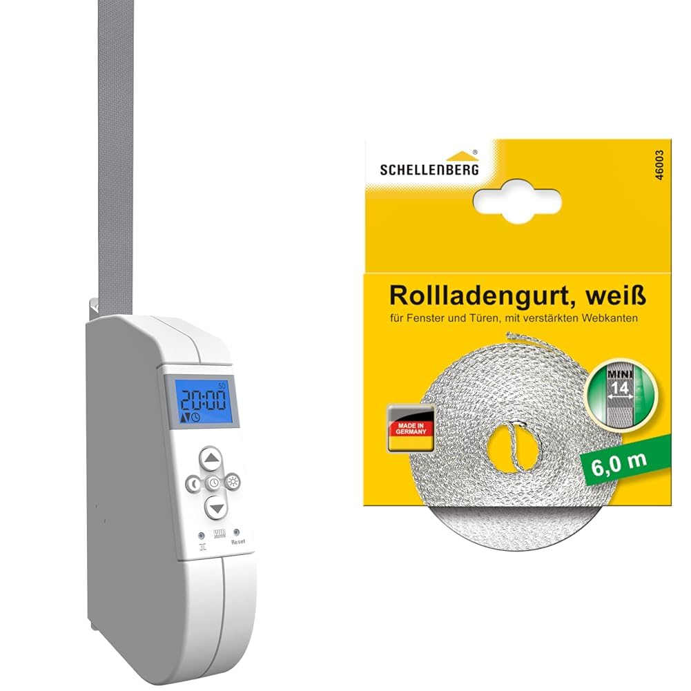 WIR elektronik, eWickler Comfort, eW920-m, elektrischer Gurtwickler, Display, für 15mm Gurtband + Schellenberg 46003 Rollladengurt 14 mm/6.0 m, weiß