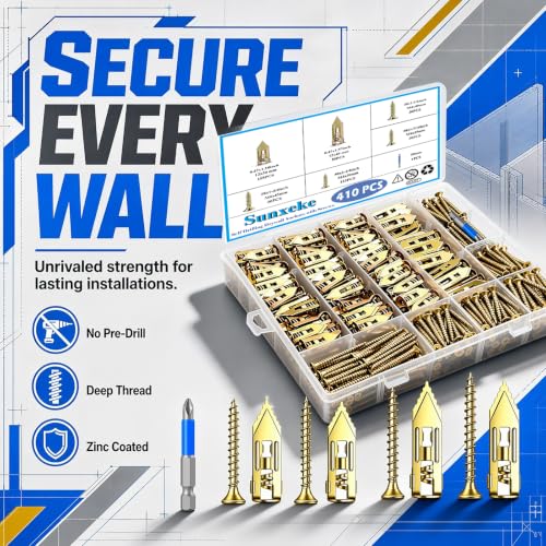 Image of 410PCS Self Drilling Drywall Anchors and Screws Kit, Heavy Duty Wall Anchors for Drywall, Zinc Plated Self Drilling Anchor Screws, No Drill Needed for Picture Hanging & Furniture Fixing