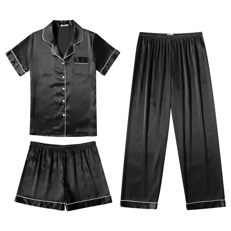 Image of Ekouaer Silk Pajamas for Women Set Satin Soft Short Sleeve Button Down Pjs | 3 Piece Loungewear,Comfy Sleepwear,Silky Smooth Fabric,Gift for wedding,Bridal Party,Coffee Time,Vacation