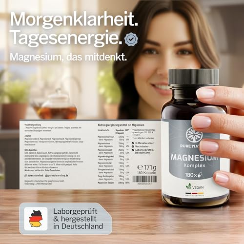 Magnesium Komplex hochdosiert - 400 mg - 180 Kapseln - 7in1 Komplex mit Magnesiumbisglycinat, Magnesiumcitrat, Magnesiummalat, Magnesiumtaurat - vegan - laborgeprüft - ohne Zusätze