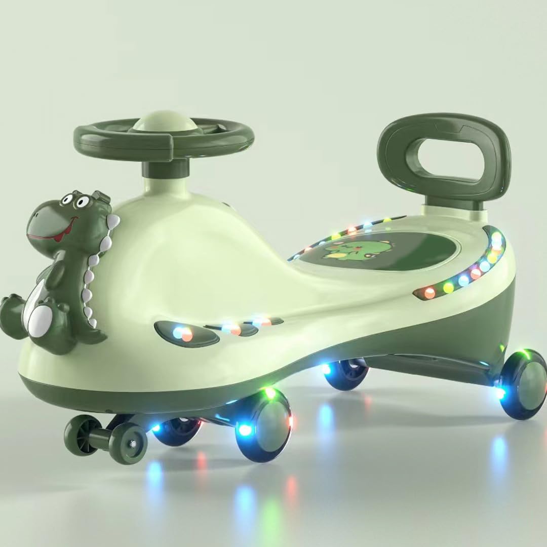 Dla Dzieci Plastikowy Samochodzik Wiggle Car z Wyciszonymi (GREEN) | Uniwersalny Wózek na Kółkach, Style Wózków Spacerowych i Bagażowych, Zasilany 3 Bateriami AA, Opcja Modelu Dinozaura