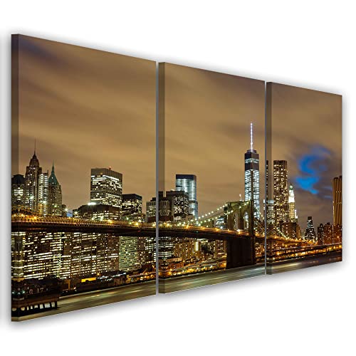 Feeby 3 pièces Impression sur Toile Intissé 120x60 cm Pont de Brooklyn USA NY Image décoration Murale Design Chambre d'enfant Gratte-ciel Manhattan de nuit...