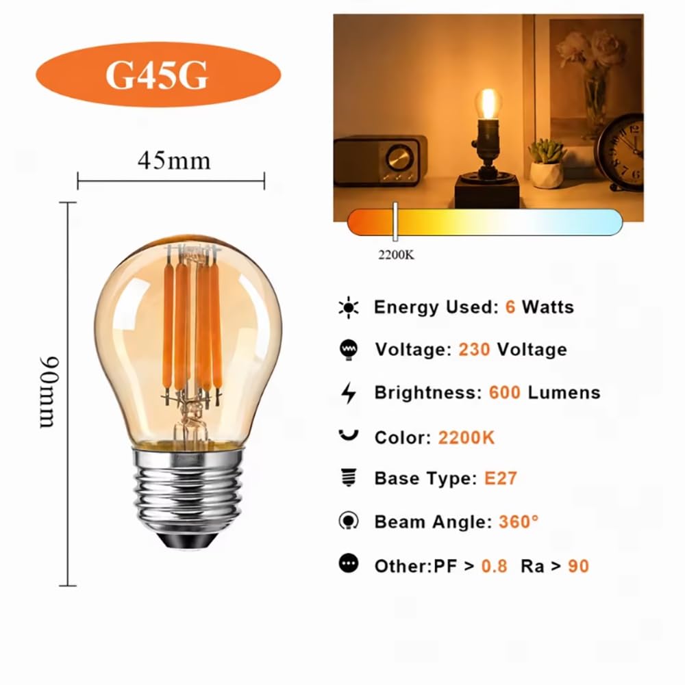 10 Piezas Bombilla LED Vintage G45 E27 2700K Regulable Globo Vidrio Ámbar