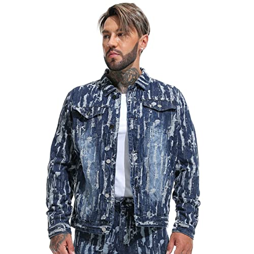 Image of RANMCC Men's Elastic Ripped Denim Jacket, Vintage Washed Frayed Trucker Coat, Lightweight Casual All Season Street Outerwear