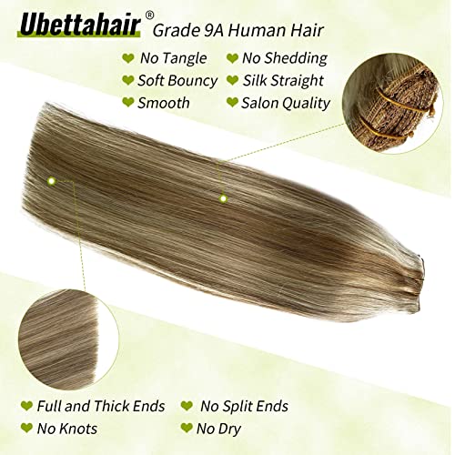Real Hair Extensions Clip In Human Hair, Ash Brown To Platinum Blonde Highlights Remy Human Hair Extensions Clip-In,4 Pieces Double Lace Weft Hair Extensions Clip Ins For Women 100G 14Inch #TOP2