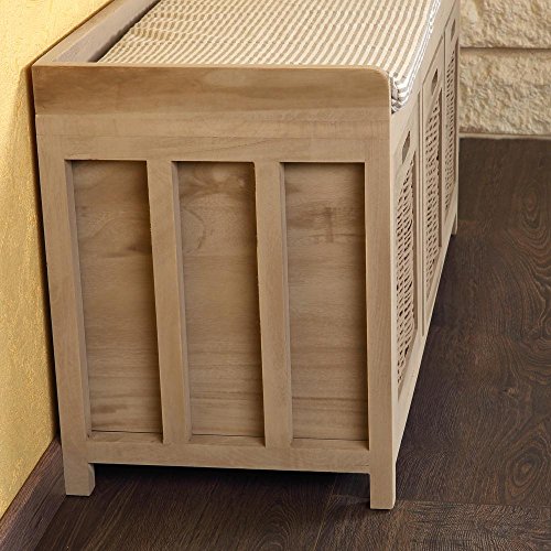 Melko Sitzbank-Kommode mit Stauraum 3 Weidekörben in beige aus Holz Sitzkommode mit Auflage Truhenbank 90 x 45 x 34 cm