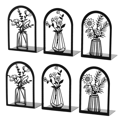 Bondream 3 Pair Metal Bookends,Decorative Book Ends for Shelves,Non-Slip Book Stopper for Heavy Books,Flower Shelf Holder for Home School Office