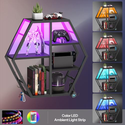 Image of HOOBRO Gaming Floating Shelves with LED Lights, Gaming Wall Mounted Shelf, Hexagonal Display Rack for Wall Storage, Floating Rack with 4 S-Hooks, for Gaming Room, Black BB76DBJ01