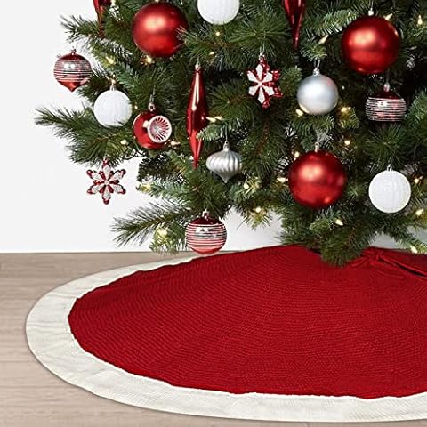 Knitted Christmas Tree Skirt 36 inches Knitted Heavy Yarn Xmas Tree Base Cover Mat Holiday Party Home Decoration, Red and White Cover