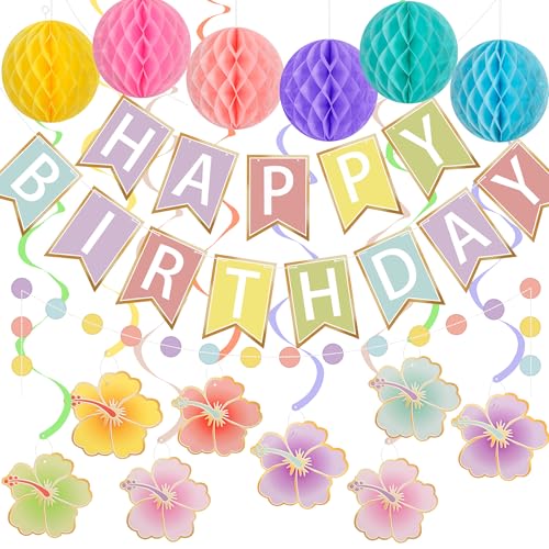 Crosize Macarons Happy Birthday Decorations Kit for Women Girls Boys Kids, Pre-Strung Birthday Banner Sign with Tissue Paper Poms, Circle Dot Garland, Hanging Swirls Streamers for Party Decor