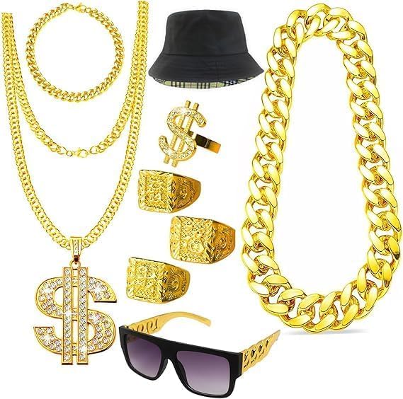 9 Piece Hip Hop Theme Accessories Kit - Retro Chains with Coin Design Punk Style Glasses & Dollar Ring for Costume Parties 80s 90s Rapper Fashion