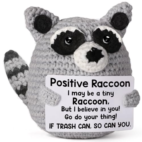 Weming Positive Crochet Animal Raccoon, Handmade Emotional Support Plush Back to School Gift, College Care Package for Teen Girl Trendy Stuff, Trash Panda for Women Birthday & Christmas