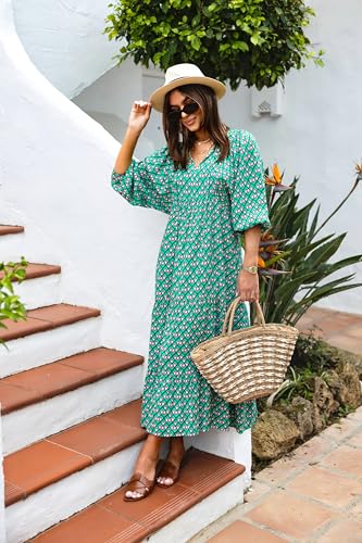 Image of miduo Womens Loose Fit Casual Summer V Neck Half Sleeve Bohemian Geometric Pattern Maxi Long Dresses