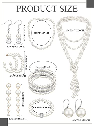 BBTO 8 Pcs Pearl Necklace and Earrings Set for Women Pearl Bracelets Costume Jewelry Set for Wedding Bridal Halloween Party2