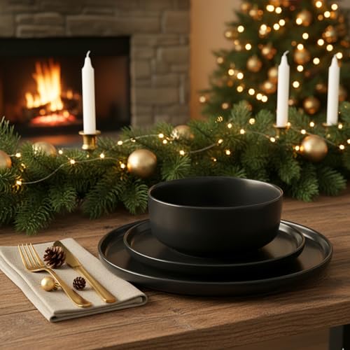 SÄNGER Madeira | Steingut Geschirr Set 18 tlg, Teller Set 6 Personen, Geschirrset 6x Speiseteller 6x Müslischalen 6x Dessertteller, Tafelservice schwarz kratzfest, Essgeschirr matt | VALUE COLLECTION
