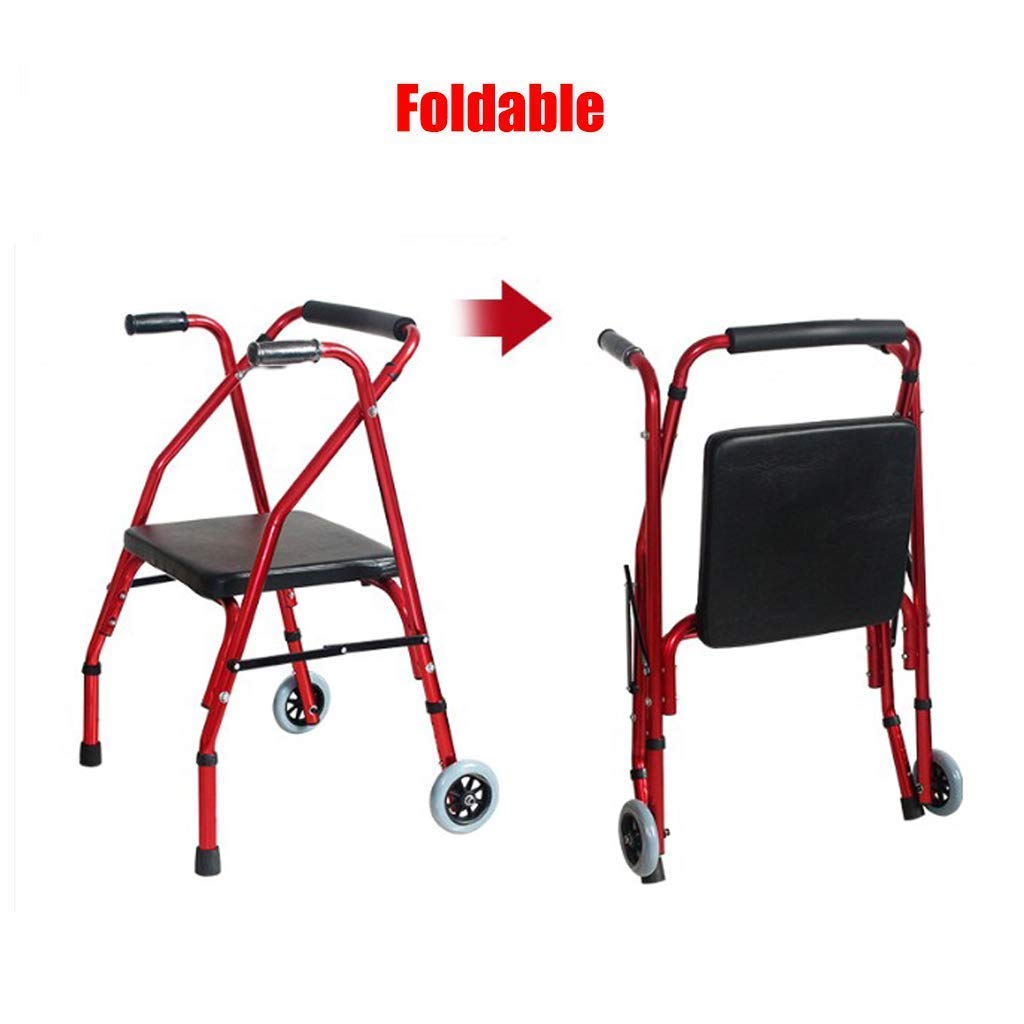 Andador, andador con ruedas de aluminio para personas mayores, andador con asiento y ruedas, marco para caminar con ayuda para la movilidad de viaje para adultos, ligero, plegable, ajustable, rojo