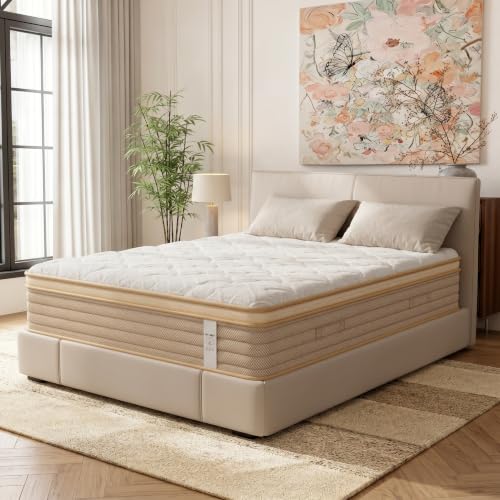 Image of 12 Inch Queen Hybrid Mattress with Gel Memory Foam & Pocket Springs | Mattress in a Box for Pressure Relief & Cool Sleep, Edge Support & Motion Isolation, CertiPUR-US Certified, White & Beige