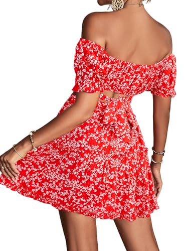 Image of LYANER Women's 2 Piece Outfits Floral Off Shoulder Tie Up Crop Top and Mini Skirt Set