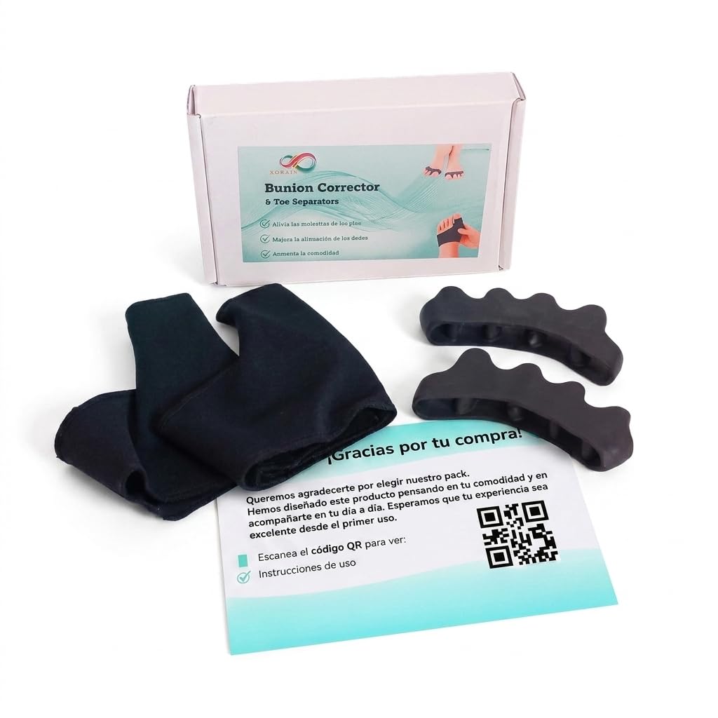 Corrector de Juanetes y Separador Dedos pie Negro – Férula Hallux Valgus con Almohadilla de Gel – Pack 4 Piezas Unisex Talla Única