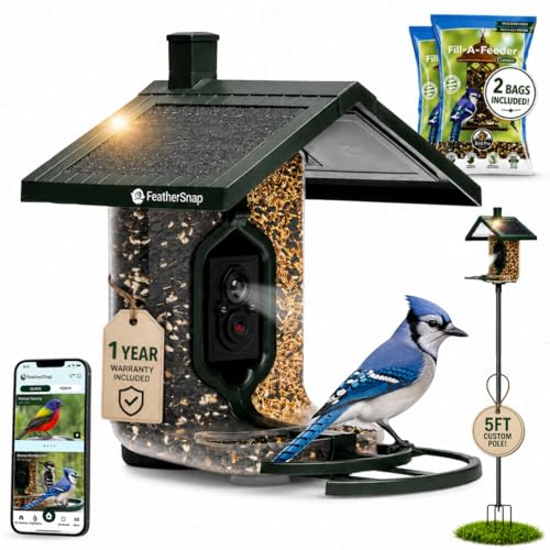 FeatherSnap Smart Bird Feeder with Camera Solar Powered AI Bird ID 1080p HD Night Vision Starter Kit with Pole & 2 Bird Seed Bags Included