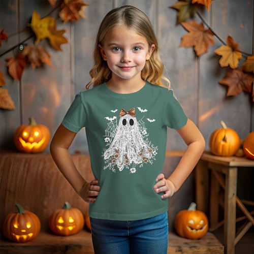 Halloween Shirts for Girls Floral Bow Lace Ghost T-Shirt Kid Spooky Season Outfit Boho Short Sleeve Tees Fall Tops3