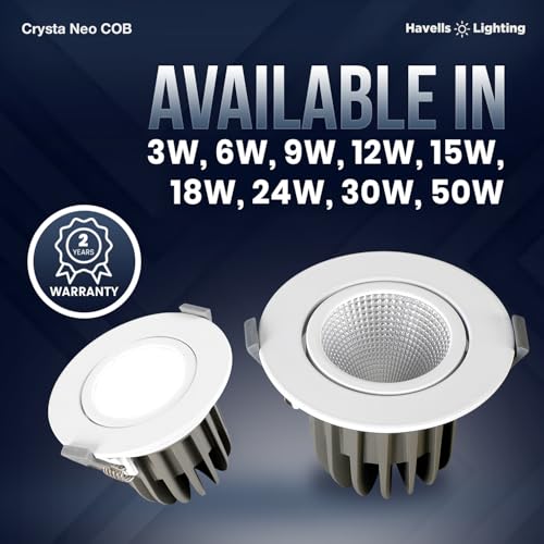 Image of Havells Crysta NEO Swivel COB Spotlight 50W 3K Ceiling Light Energy Efficient Beam Angle of 36 Long Life of 25000 Burning Hours Metal Body COB,Aluminum DIE CAST,80 Lumen Per Watt 6500K