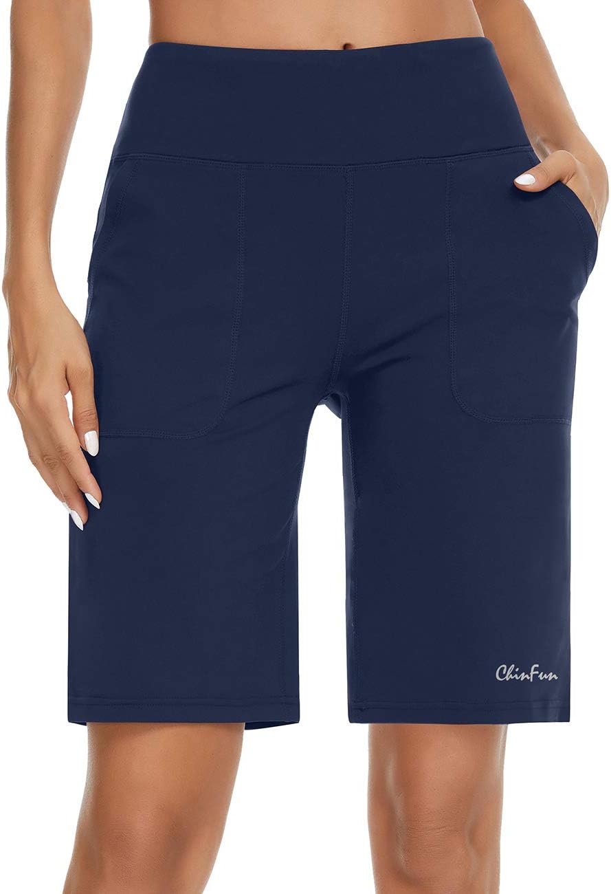 ChinFun Women's 10" High Waist Yoga Shorts Bermuda Shorts Athletic RunningWorkout Lounge Shorts with Deep Pockets - Image 4