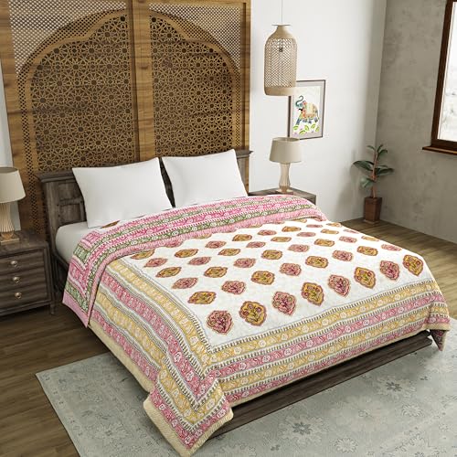 Image of BLOCKS OF INDIA Hand Block Printed Cotton King Size Quilt /Rajai | Pink Peach Rose