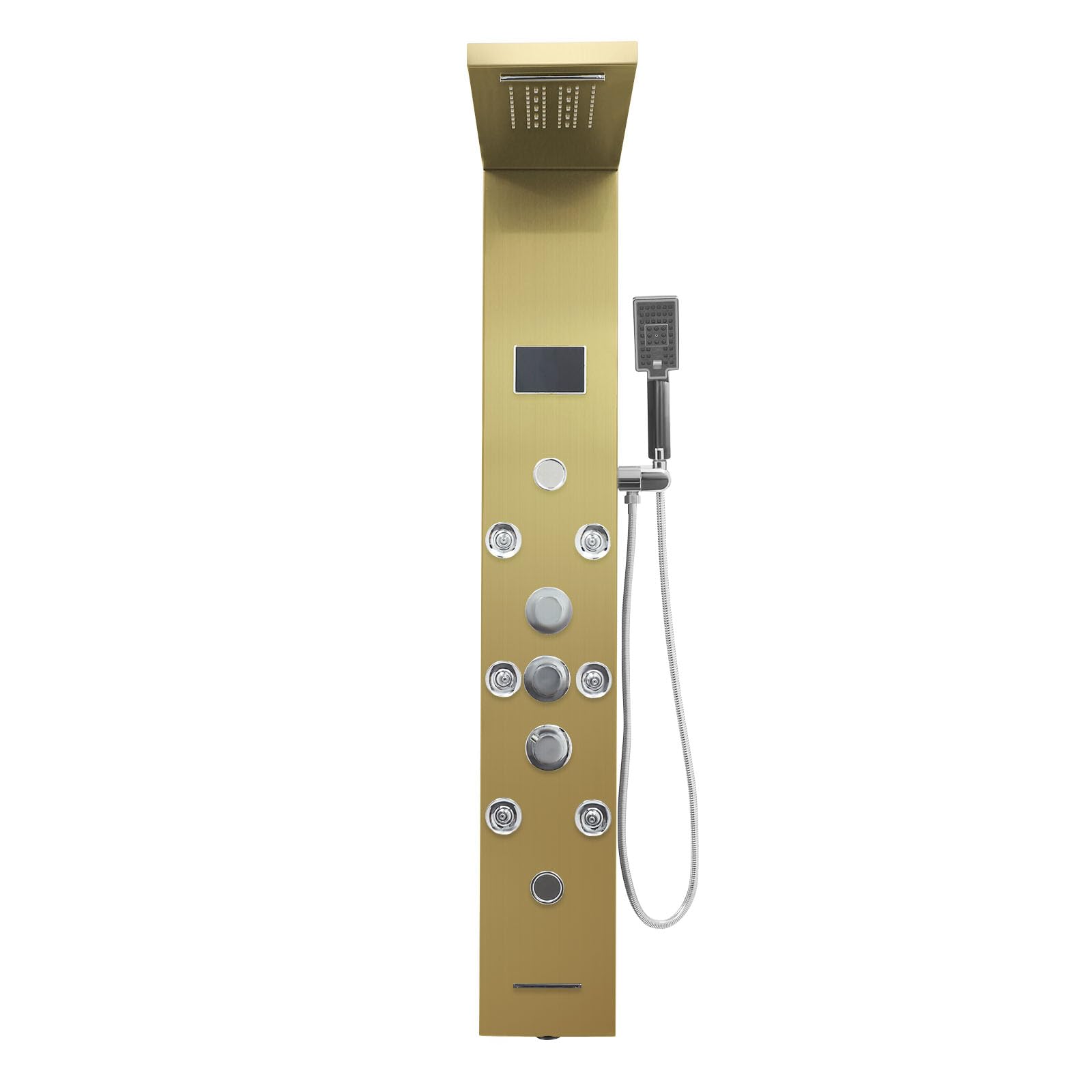 Pannello doccia per bagno, colonna doccia, 6 in 1, pannello doccia a LED, in acciaio inox 304, a cascata e a pioggia, ugelli massaggianti, indicatore di temperatura, montaggio a parete, oro