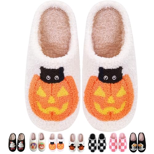 Halloween Pumpkin Slippers for Women, Cozy Plush Spooky Slippers, Ghostface Cartoon Slipper, Non-Slip Fluffy Halloween Christmas Gift, Women’s Size 6