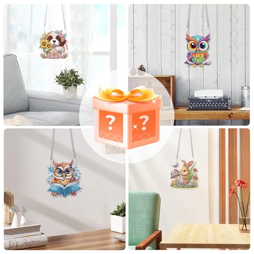 Image of 4 Pack DIY Diamond Painting Hanging Ornaments, Random Assorted Crystal Diamond Art Pendant Kit for Window and Home Decoration