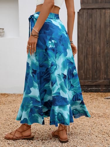 Women's Boho Floral High Waist Maxi Skirt with Knotted Belt Asymmetric Hem Ruffle Flowy Vacation Beach Long Skirt3