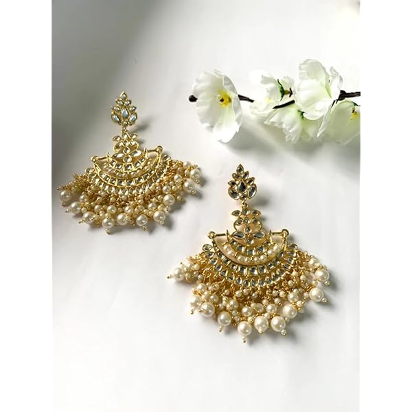 I Jewels Traditional Gold Plated White Kundan Pearl Drop Chandbali Earring For Women/Girls - Image 4