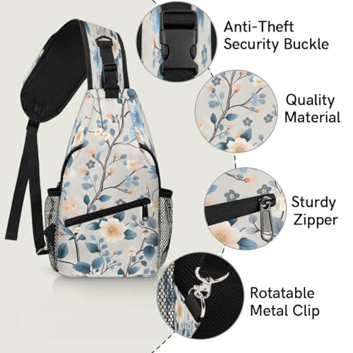 Bolso cruzado sling para mujer y hombre, flores, azul miniatura 3