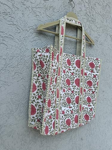 Image of Quilted Cotton Hand printed Reversible Large multicolor cotton Tote Bag,Indian Handmade Block Printed Tote Bag Women Handbag