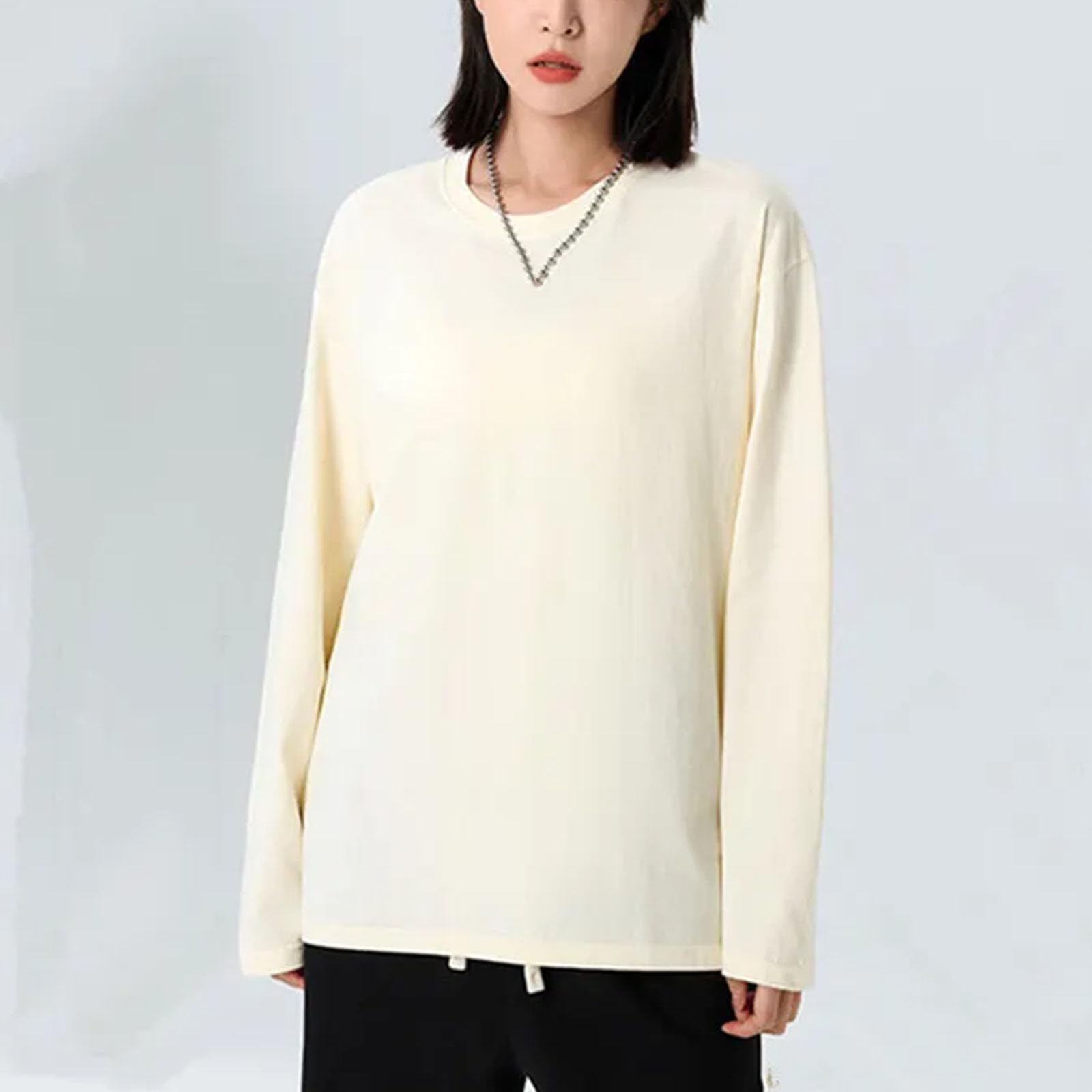 Camiseta de algodón de manga larga para mujer, camiseta grande, informal, básica, holgada, cuello redondo, para mujer