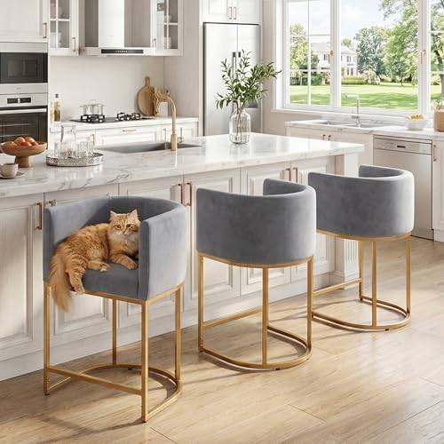 Image of HNY Modern Counter Height Velvet Fabric Upholstered Counter Stools Set of 3, 24 Inch Kitchen Island Stool with Gold Finish Metal Frame, Grey