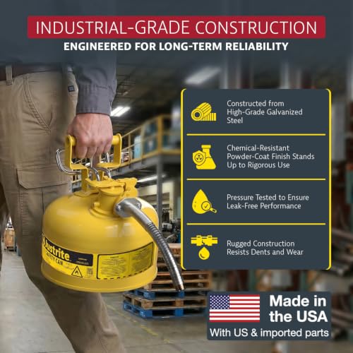 Image of Justrite Type II Diesel Fuel Can, Yellow Galvanized Steel, FM Approved | Flammable Liquid Storage Can with Controlled Pouring, 2.5 Gallon Capacity, 5 /8 inch Hose, Flame Arrester, OSHA,NFPA Compliant