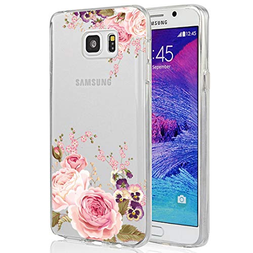 Ueokeird for Galaxy Note 5 Case, Note 5 Case for Girls, Clear Soft Flexible TPU Watercolor Flowers Floral Printed Back Protective Cover for Samsung Galaxy Note 5 Rose Flower