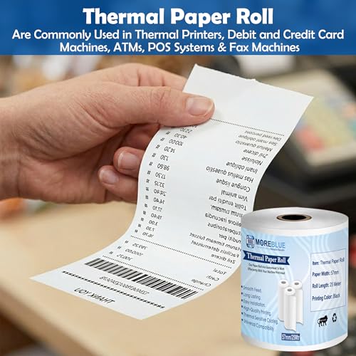 Image of MOREBLUE Pack of 20 57mm x 25m Direct Thermal Receipt Paper Rolls, Premium Ink-Free POS Billing Rolls for Credit Machines, Food Billing, ATM & Petrol Pump Receipts