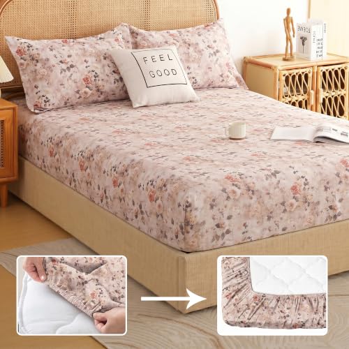 Image of Story@Home King Size Air Cotton Fitted Bedsheet 240 TC Fitted Sheet with 2 Pillow Covers, Soft & Durable Bed Sheet for King Bed (182 x 198 cm, Floral Print, Ivory Rose)