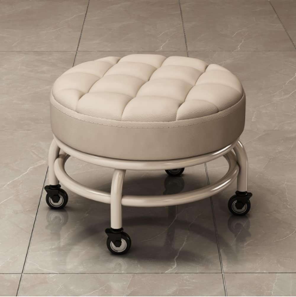 THE WHITE SHOP Low Rolling Stool with 360° Wheels, Roller Seat with 5 Universal Swivel Wheels,Wheel Stool Chair with PU Leather Cushion for Home,beige