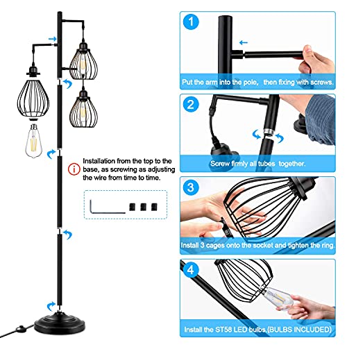 Lakumu Industrial Floor Lamp For Living Room, Tree Floor Lamp With 3 Elegant Teardrop Cage Heads & St58 Edison Led Bulbs, Sturdy Base Tall Vintage Pole Light Great For Farmhouse Rustic Bedroom Office #TOP7