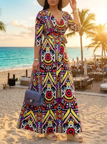 Image of Yajedo Womens Casual Summer Maxi Dress Plus Size Sexy Wrap V Neck 3 /4 Sleeve Sundress with Pockets