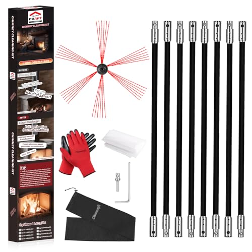 Cleancraft 26 Feet Chimney Sweep Kit, Chimney Cleaning Kit with 8 Flexible Black Chimney Rods...