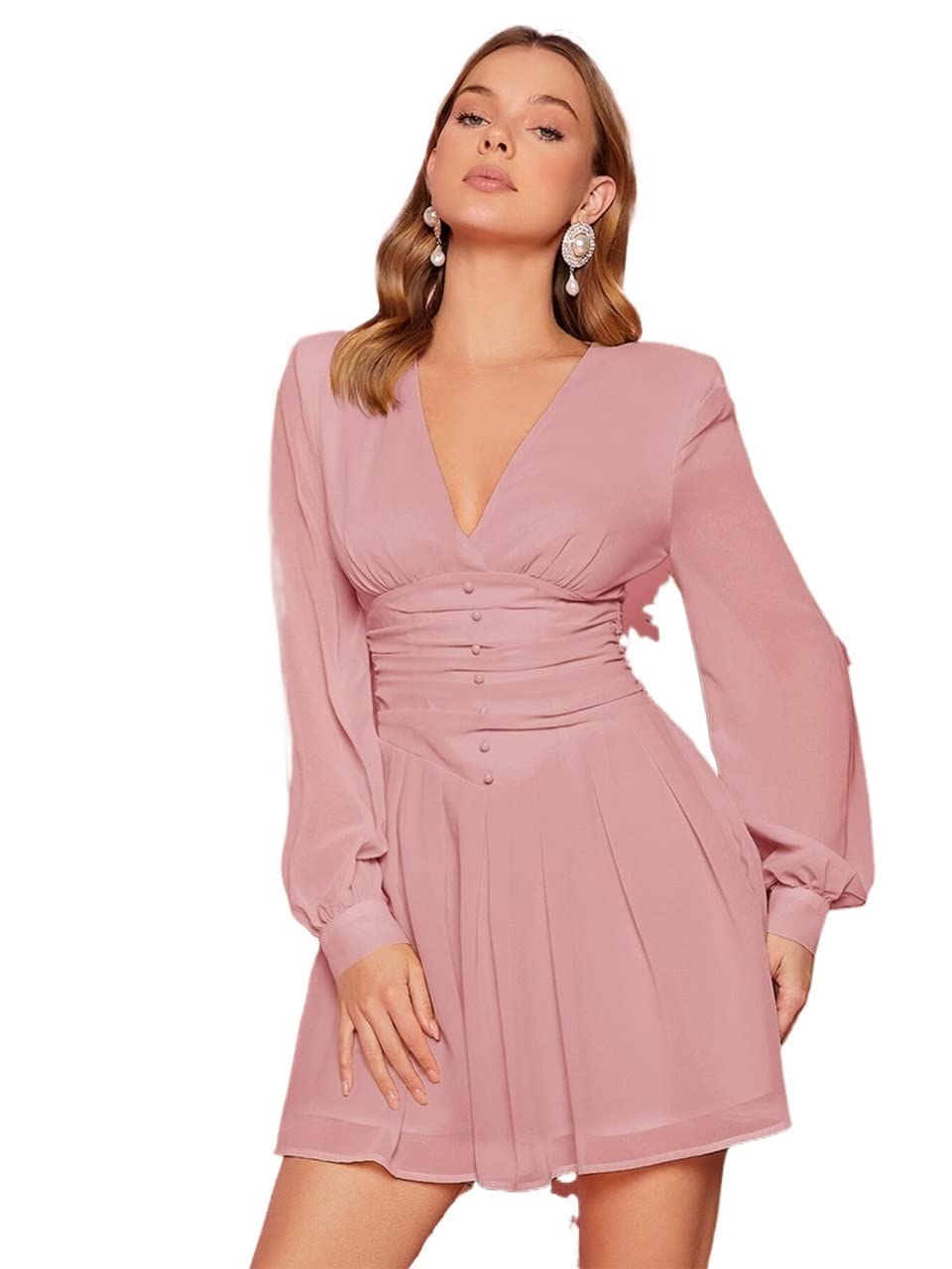 Amazon.com: Women's Dresses Solid Button Front Lantern Sleeve A-line Dress  Dress for Women (Color : Dusty Pink, Size : Medium) : Clothing, Shoes &  Jewelry